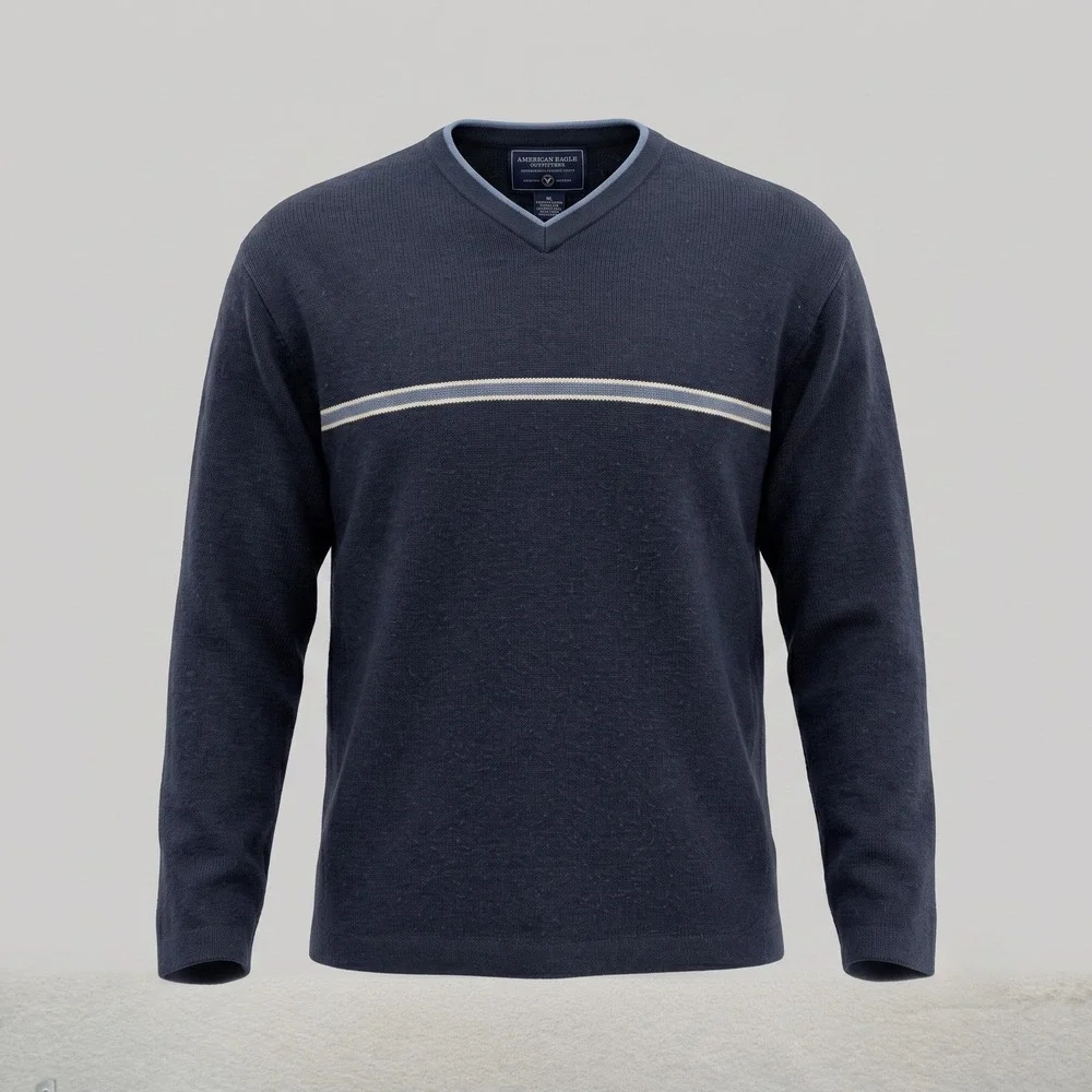 American Eagle Mens XL Navy Blue Sweater V-Neck Striped Ramie Cotton Knit